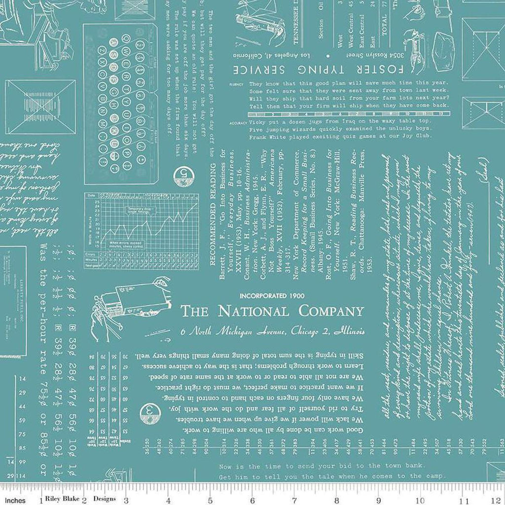 Image of TYPE/ography Wedgewood quilting cotton fabric by Lori Holt for Riley Blake Designs. Features text on a blue background. Cute Little Fabric Shop.