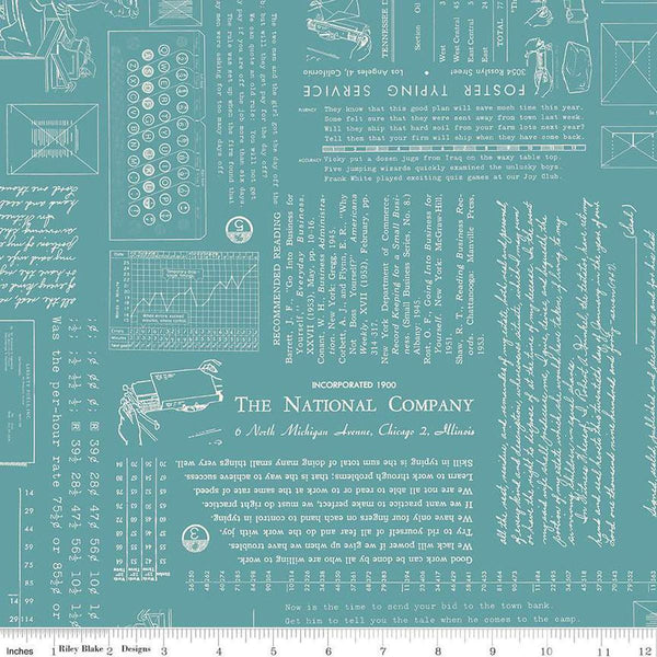 Image of TYPE/ography Wedgewood quilting cotton fabric by Lori Holt for Riley Blake Designs. Features text on a blue background. Cute Little Fabric Shop.
