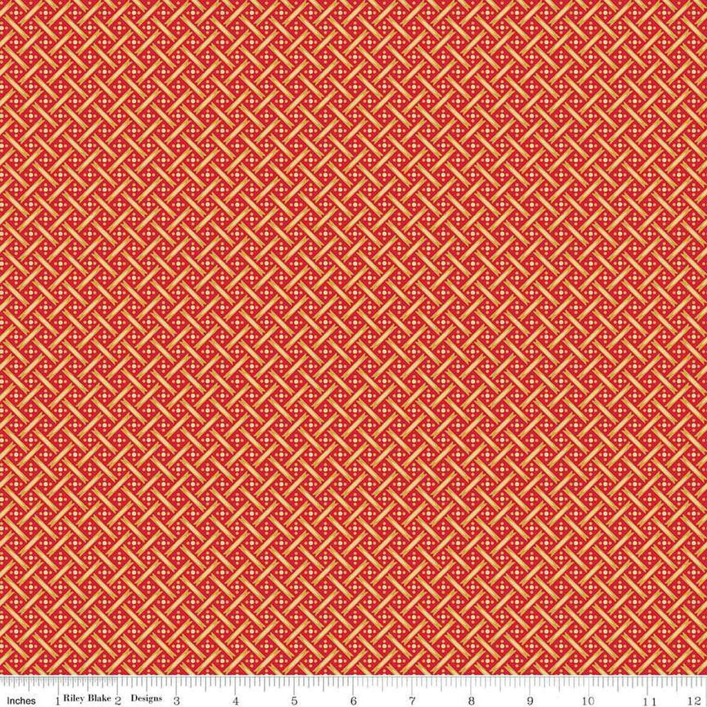 Image of Vera's Garden Basket Weave Red Gold quilting cotton fabric by Vicki McCarty for Riley Blake Designs. Features weave on a red background. Cute Little Fabric Shop
