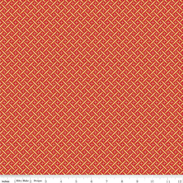 Image of Vera's Garden Basket Weave Red Gold quilting cotton fabric by Vicki McCarty for Riley Blake Designs. Features weave on a red background. Cute Little Fabric Shop