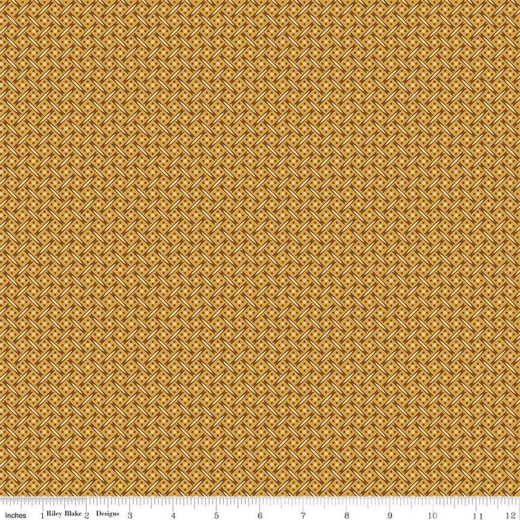 Image of Vera's Garden Basket Weave Gold quilting cotton fabric by Vicki McCarty for Riley Blake Designs. Features weave on a yellow background. Cute Little Fabric Shop