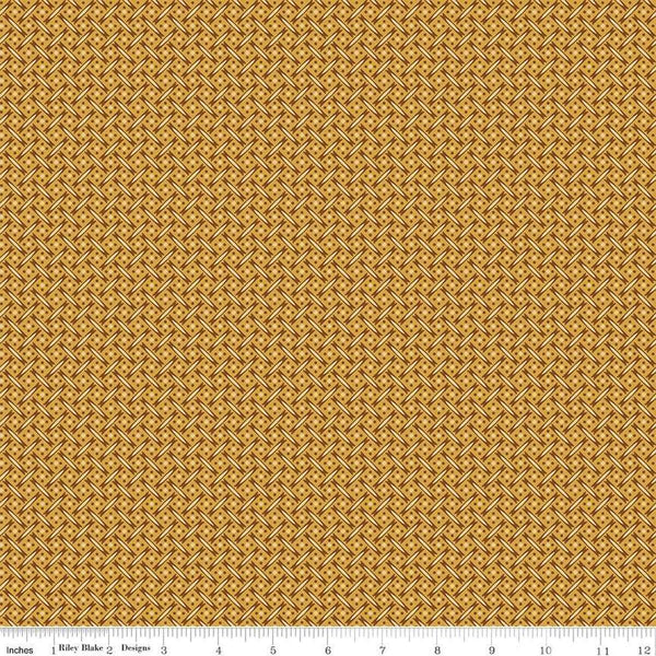 Image of Vera's Garden Basket Weave Gold quilting cotton fabric by Vicki McCarty for Riley Blake Designs. Features weave on a yellow background. Cute Little Fabric Shop