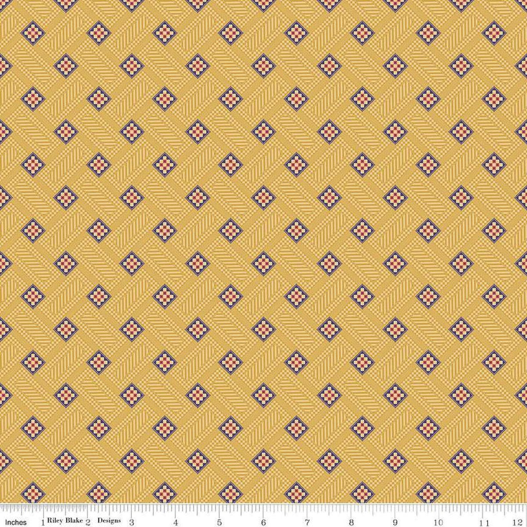 Image of Vera's Garden Blocks Gold quilting cotton fabric by Vicki McCarty for Riley Blake Designs. Features squares on a yellow background. Cute Little Fabric Shop