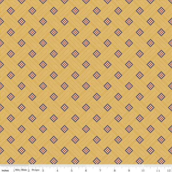 Image of Vera's Garden Blocks Gold quilting cotton fabric by Vicki McCarty for Riley Blake Designs. Features squares on a yellow background. Cute Little Fabric Shop