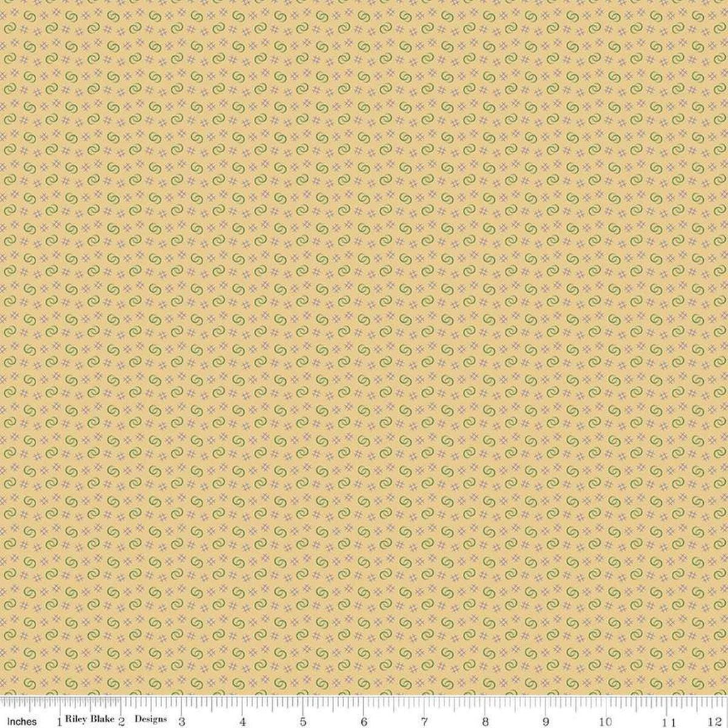 Image of Vera's Garden Circles Sunshine quilting cotton fabric by Vicki McCarty for Riley Blake Designs. Features shapes on a yellow background. Cute Little Fabric Shop