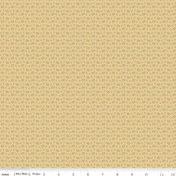 Image of Vera's Garden Circles Sunshine quilting cotton fabric by Vicki McCarty for Riley Blake Designs. Features shapes on a yellow background. Cute Little Fabric Shop
