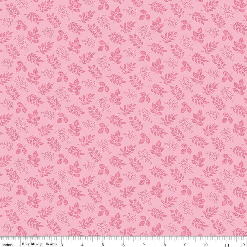 Image of Little Darlin' Leaves Pink quilting cotton fabric by the RBD Designers for Riley Blake Designs. Features leaves on a pink background. Cute Little Fabric Shop