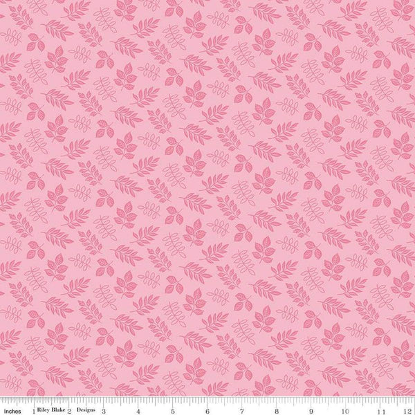 Image of Little Darlin' Leaves Pink quilting cotton fabric by the RBD Designers for Riley Blake Designs. Features leaves on a pink background. Cute Little Fabric Shop