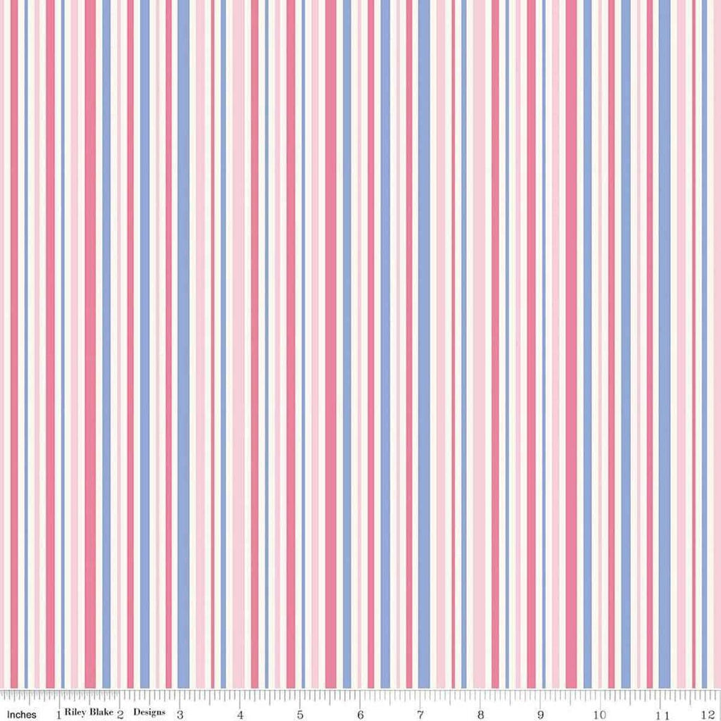 Image of Little Darlin' Stripes Pink quilting cotton fabric by the RBD Designers for Riley Blake Designs. Features flowers on a pink background. Cute Little Fabric Shop