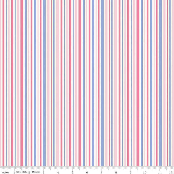 Image of Little Darlin' Stripes Pink quilting cotton fabric by the RBD Designers for Riley Blake Designs. Features flowers on a pink background. Cute Little Fabric Shop