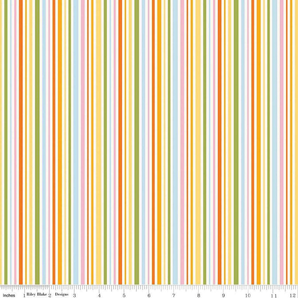 Image of Little Darlin' Stripes Multi quilting cotton fabric by the RBD Designers for Riley Blake Designs. Features stripes on a yellow background. Cute Little Fabric Shop
