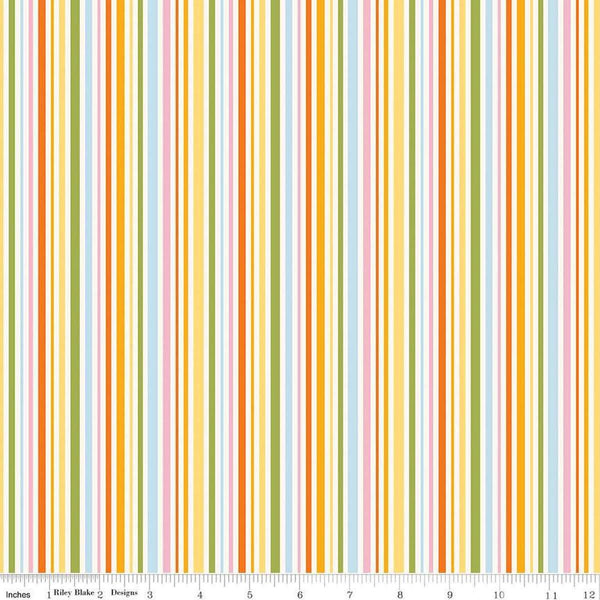 Image of Little Darlin' Stripes Multi quilting cotton fabric by the RBD Designers for Riley Blake Designs. Features stripes on a yellow background. Cute Little Fabric Shop