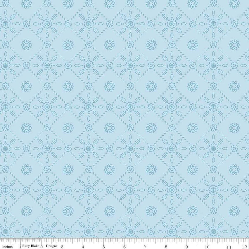 Image of Little Darlin' Folk Tile Blue quilting cotton fabric by the RBD Designers for Riley Blake Designs. Features shapes on a blue background. Cute Little Fabric Shop