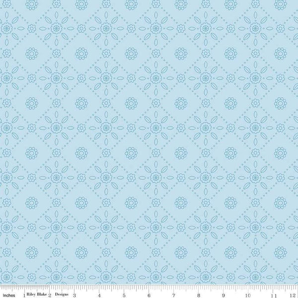Image of Little Darlin' Folk Tile Blue quilting cotton fabric by the RBD Designers for Riley Blake Designs. Features shapes on a blue background. Cute Little Fabric Shop