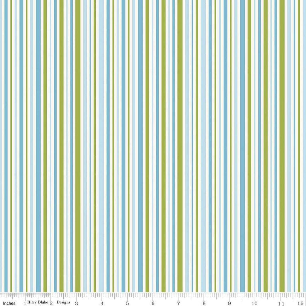Image of Little Darlin' Stripes Blue quilting cotton fabric by the RBD Designers for Riley Blake Designs. Features stripes on a blue background. Cute Little Fabric Shop
