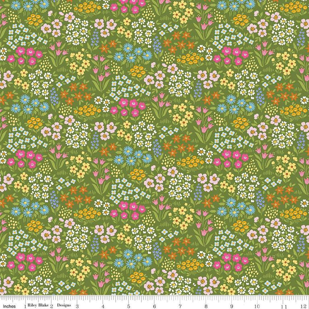 Image of Little Darlin' Floral Fields Green quilting cotton fabric by the RBD Designers for Riley Blake Designs. Features flowers on a green background. Cute Little Fabric Shop