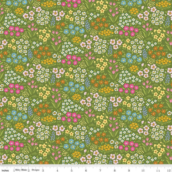 Image of Little Darlin' Floral Fields Green quilting cotton fabric by the RBD Designers for Riley Blake Designs. Features flowers on a green background. Cute Little Fabric Shop