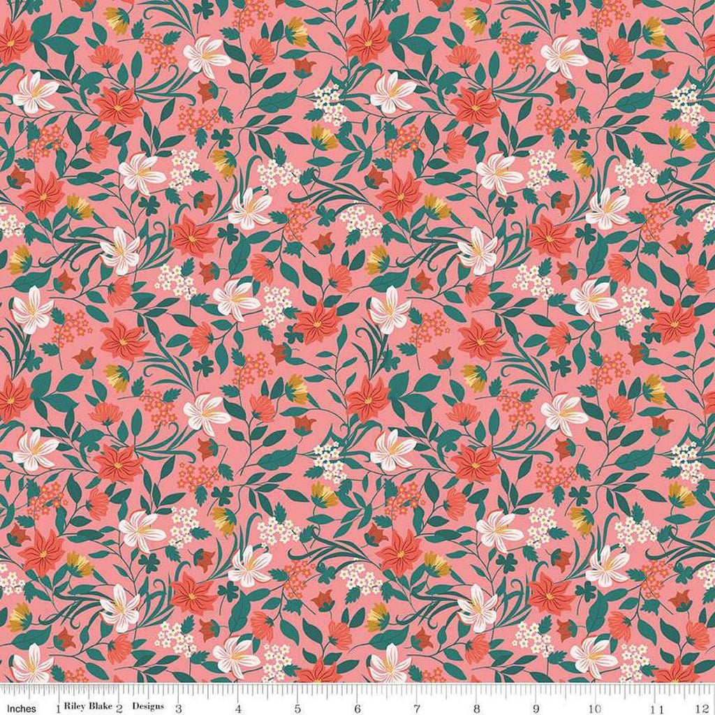 Image of Thimbelina & The Sewing Fairies Garden Coral quilting cotton fabric by Jennifer Long for Riley Blake Designs. Features flowers on a pink background. Cute Little Fabric Shop