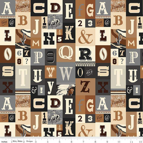 26" End of Bolt - CLEARANCE Cowboy Country Alpha Brown - Riley Blake  - Alphabet Western Brown Black Gray Cream-  Quilting Cotton