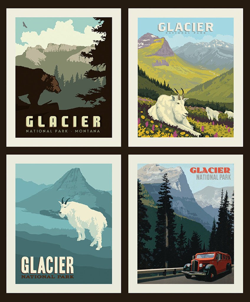 National Parks Pillow Panel Glacier by Riley Blake Designs - Montana Bears Mountain Goats Recreation Outdoors - Quilting Cotton Fabric