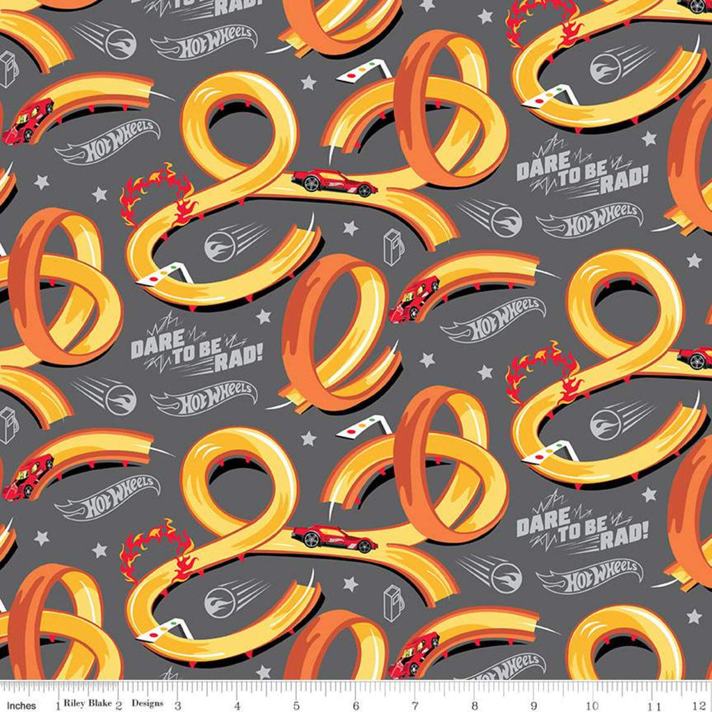 Hot Wheels Tracks Gray - Riley Blake Designs - Die-Cast Toy Race Cars Logo Phrases Words -  Quilting Cotton Fabric -  LIcensed Product