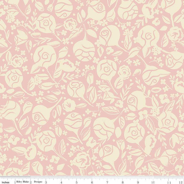 SALE Beauty and the Beast Floral C9532 Pink - Riley Blake Designs - Fairy Tale Cream Flowers Leaves - Quilting Cotton Fabric