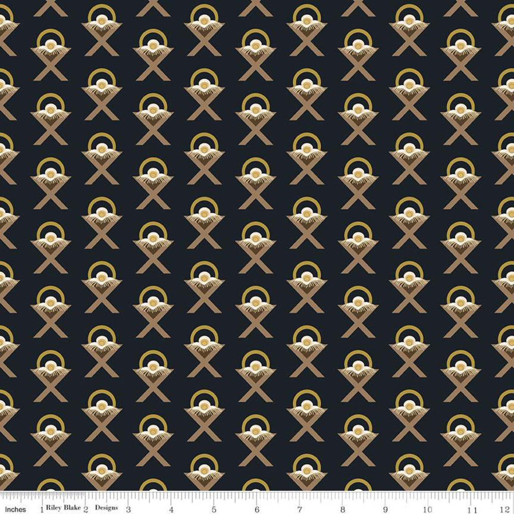 SALE Oh Holy Night Manger Navy SPARKLE - Riley Blake Designs - Christmas Nativity Mangers Blue with Gold SPARKLE - Quilting Cotton Fabric