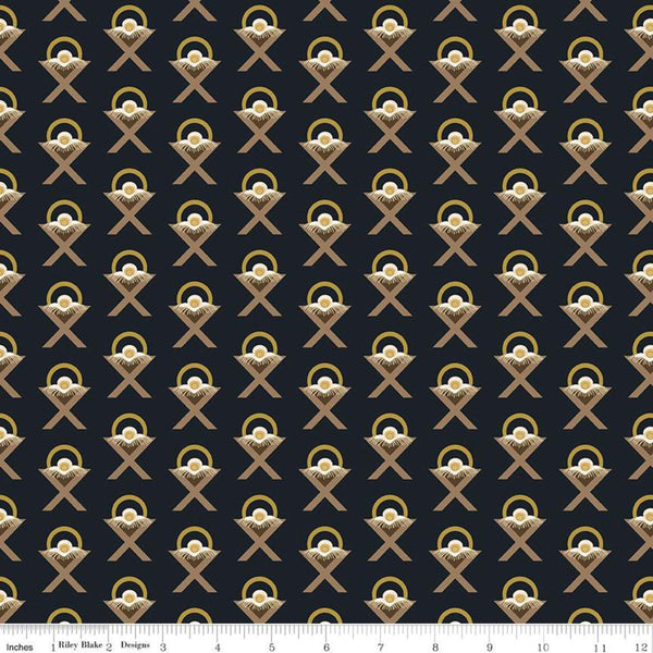 SALE Oh Holy Night Manger Navy SPARKLE - Riley Blake Designs - Christmas Nativity Mangers Blue with Gold SPARKLE - Quilting Cotton Fabric