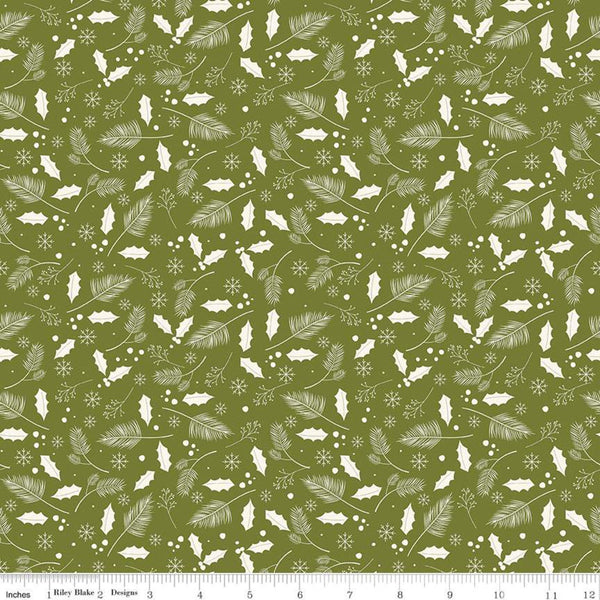 SALE Yuletide Leaves Olive - Riley Blake Designs - Christmas Cream Holly Leaves Snowflakes on Green - Quilting Cotton Fabric