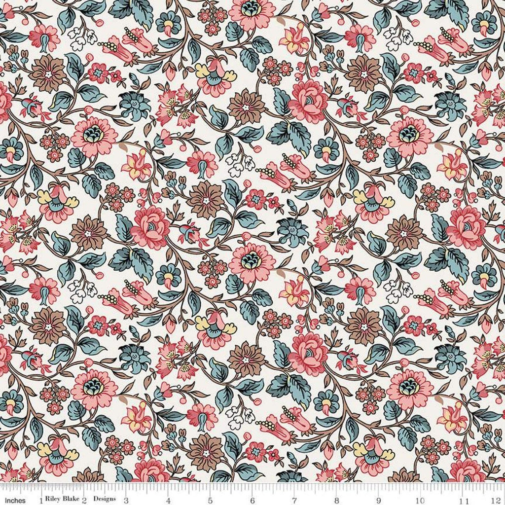 Jane Austen at Home C10003 Anne - Riley Blake  - Cream Blue Pink Historical Reproductions - Quilting Cotton Fabric - Licensed Product