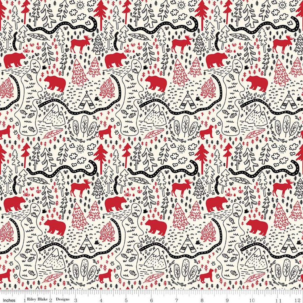 SALE Wild at Heart Map C9822 Cream - Riley Blake Designs - Outdoors Bear Moose Trails Forest Trees - Quilting Cotton Fabric