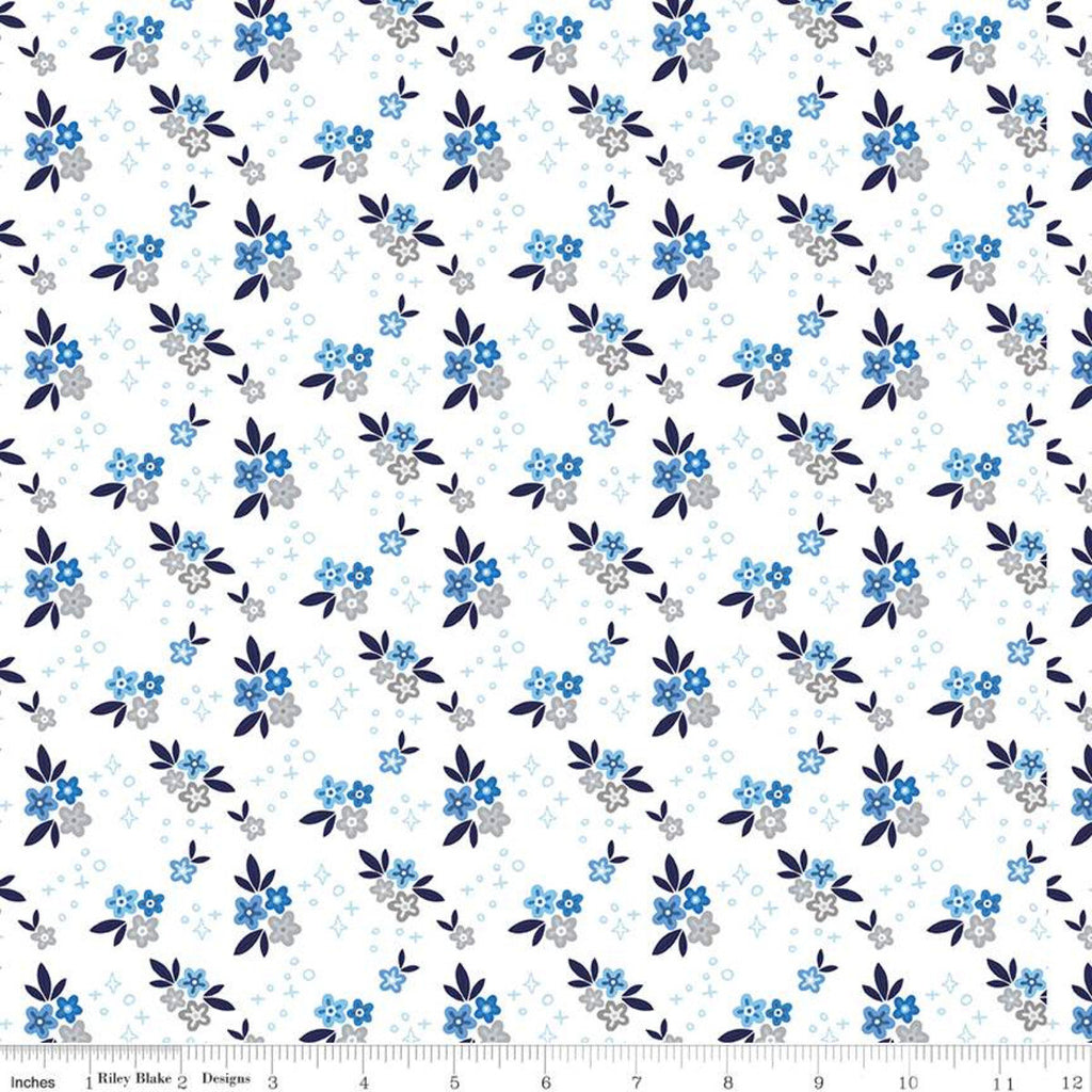 SALE Blue Stitch Ditsy C10061 White - Riley Blake Designs - Flowers Floral -  Quilting Cotton Fabric