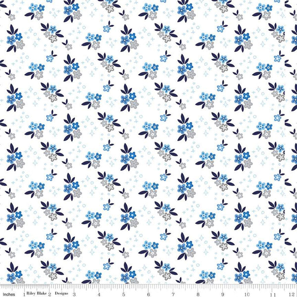 SALE Blue Stitch Ditsy C10061 White - Riley Blake Designs - Flowers Floral -  Quilting Cotton Fabric