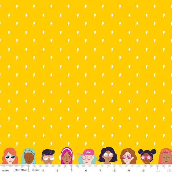 CLEARANCE Grl Pwr Lightning C10652 Yellow - Riley Blake Designs - Girl Power Edge Borders of Girls Figures - Quilting Cotton Fabric