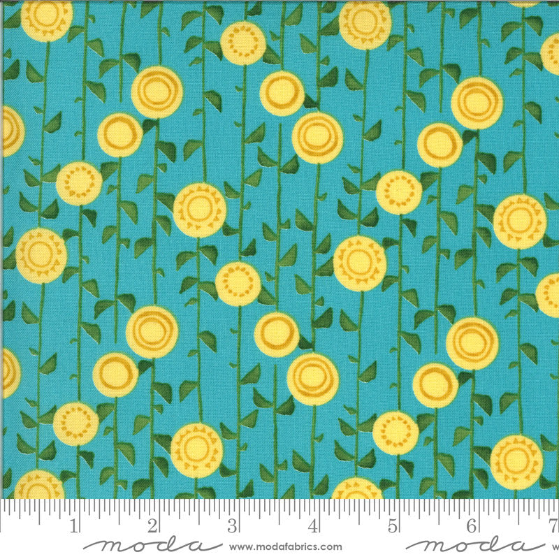 SALE Solana Stalks 48683 Pond - Moda Fabrics - Flowers Leaves Vines Sunflowers on Aqua Blue - Quilting Cotton Fabric