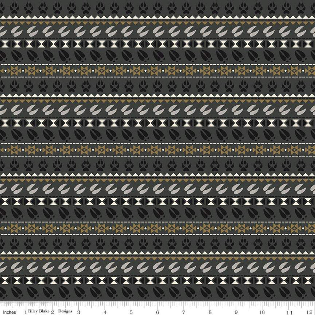 SALE Timberland Stripe C10334 Charcoal - Riley Blake Designs - Striped Stripes Animal Tracks Paw Prints Dark Gray - Quilting Cotton Fabric