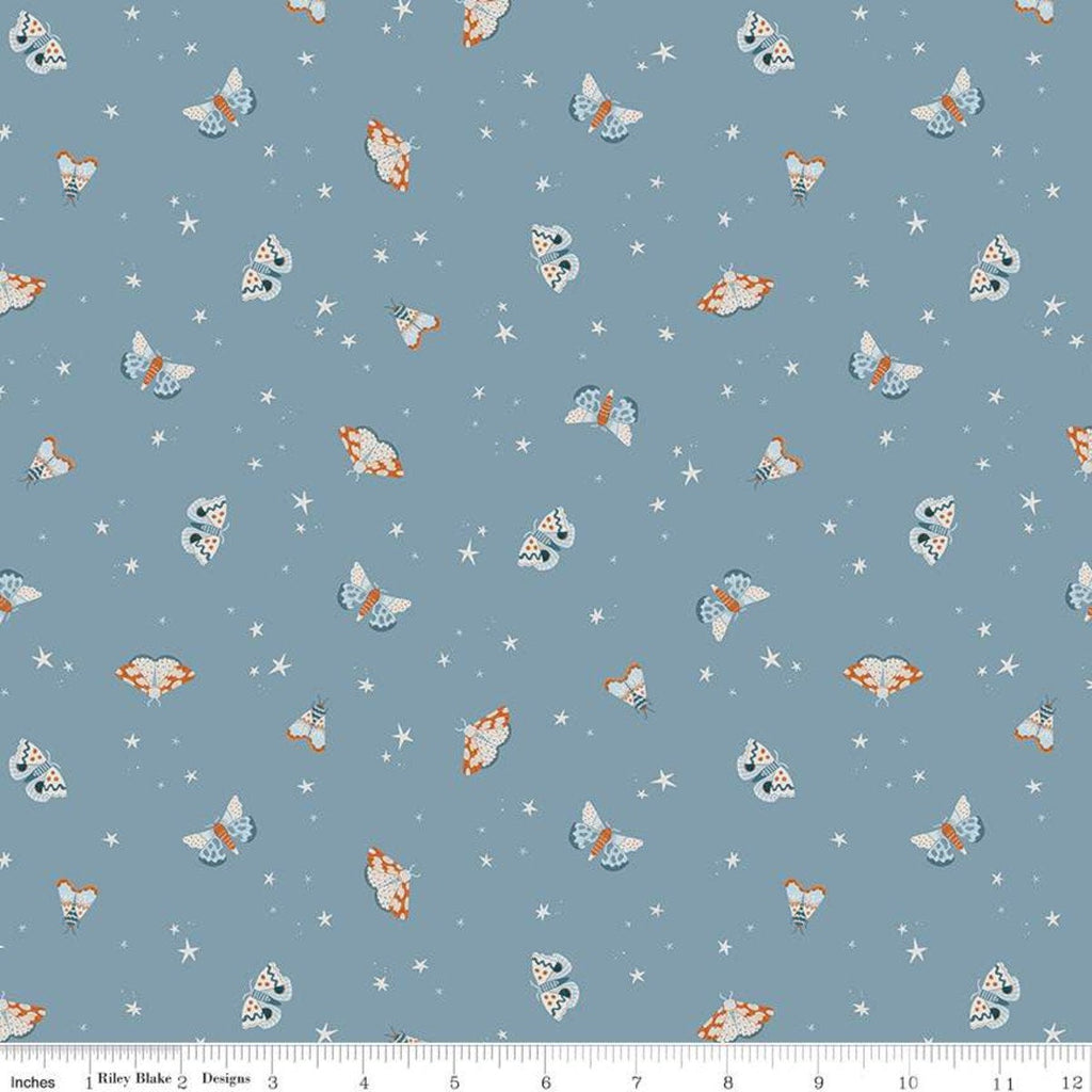 SALE Camp Woodland Moths C10462 Denim - Riley Blake Designs - Moths Stars Blue - Quilting Cotton Fabric