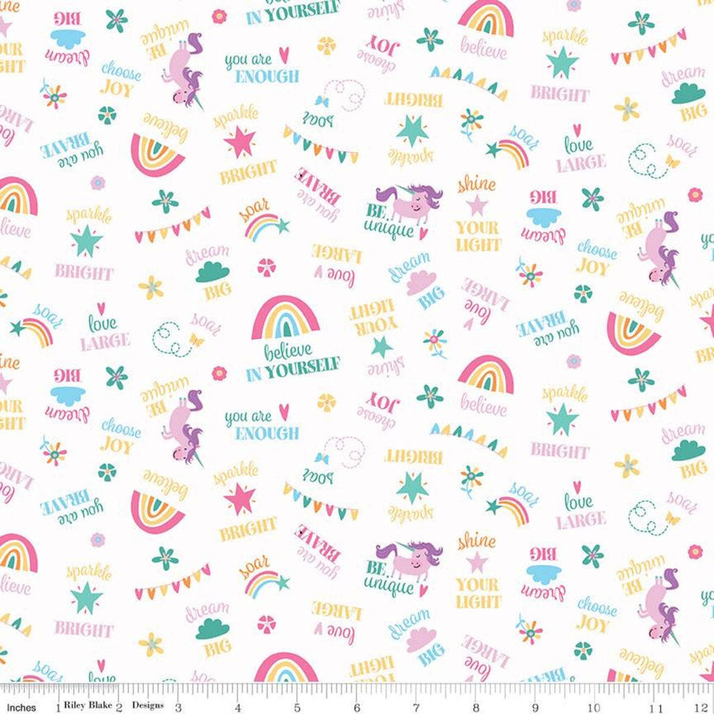 SALE Unicorn Kingdom Be You C10472 White - Riley Blake Designs - Sayings Text Unicorns Rainbows Stars Butterflies   - Quilting Cotton Fabric