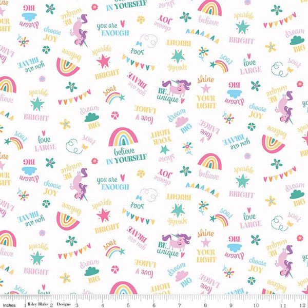 SALE Unicorn Kingdom Be You C10472 White - Riley Blake Designs - Sayings Text Unicorns Rainbows Stars Butterflies   - Quilting Cotton Fabric