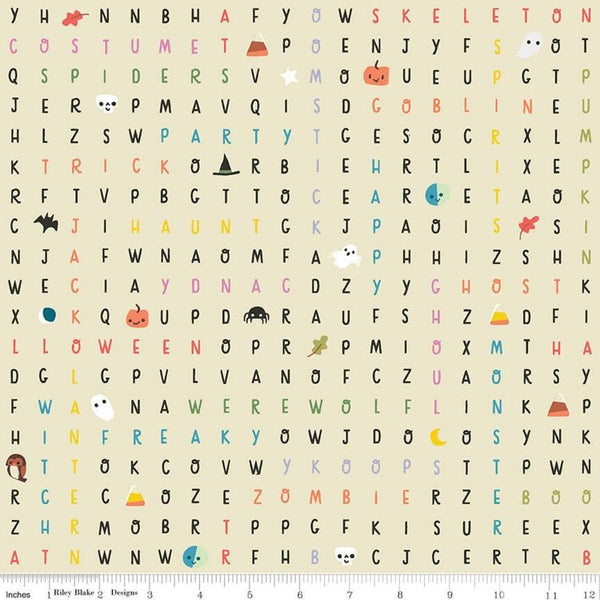 SALE Tiny Treaters Spooky Search C10484 Cream - Riley Blake Designs - Halloween Icons Word Search Alphabet Words  -  Quilting Cotton Fabric