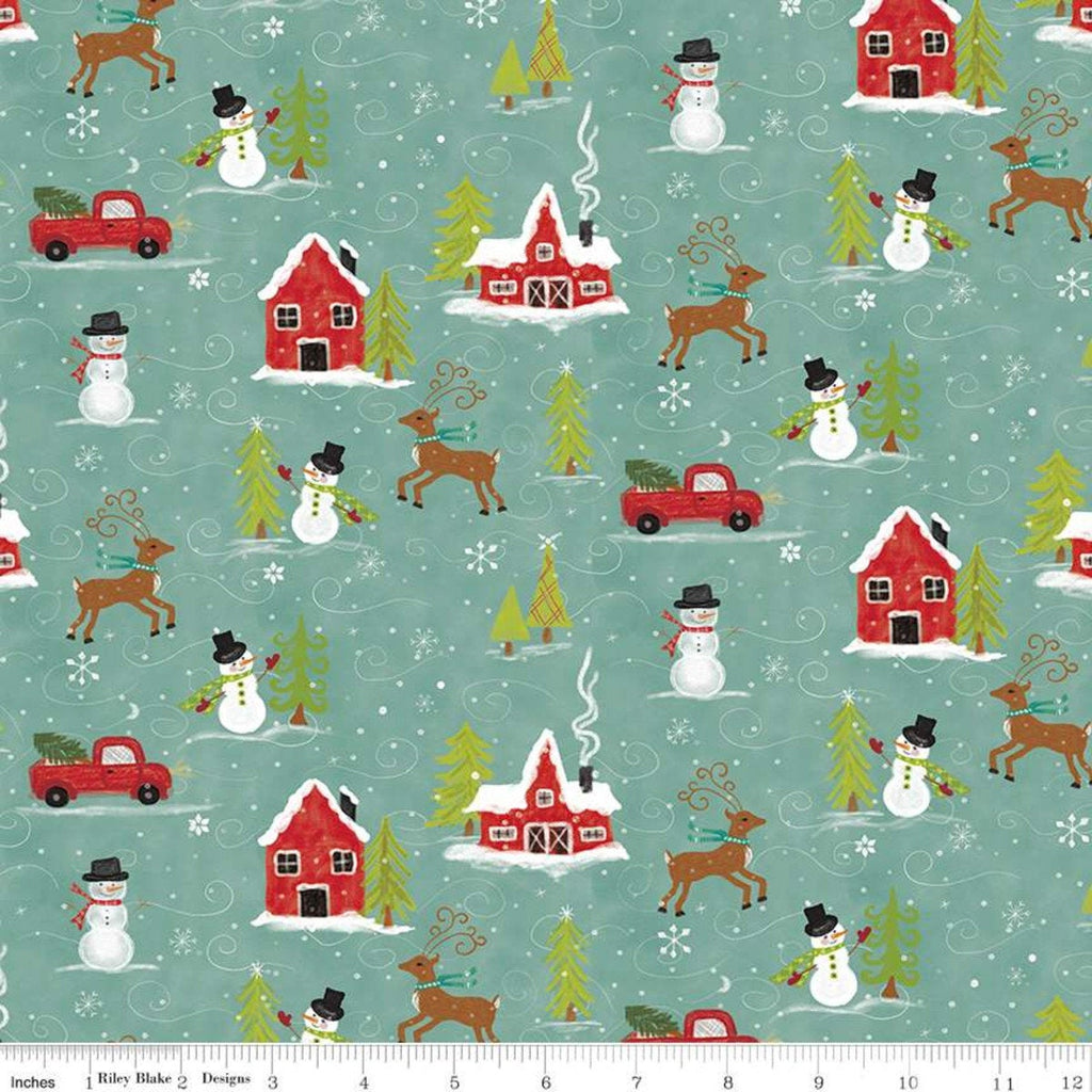SALE Snowed In Main C10810 Glacier - Riley Blake Designs - Christmas Snowmen Houses Trucks Deer Trees Blue Green - Quilting Cotton Fabric