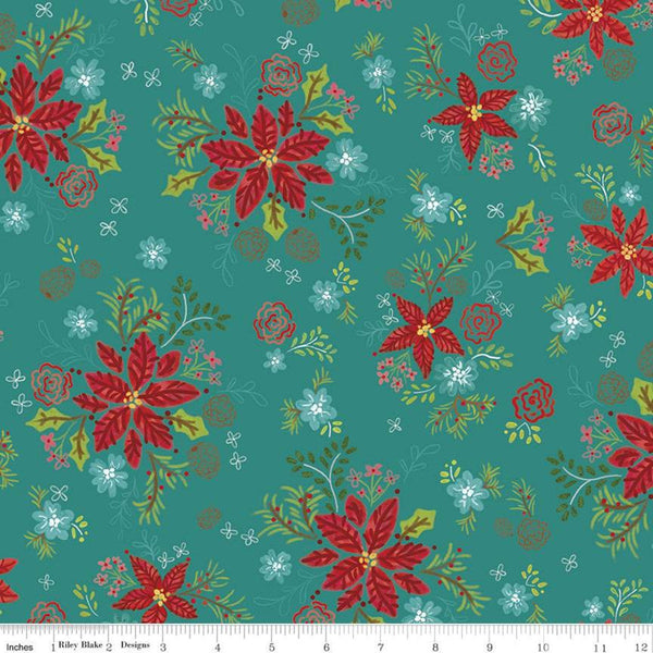 14" End of Bolt - SALE Snowed In Floral C10811 Teal - Riley Blake Designs - Christmas Flower Poinsettias Blue Green - Quilting Cotton Fabric