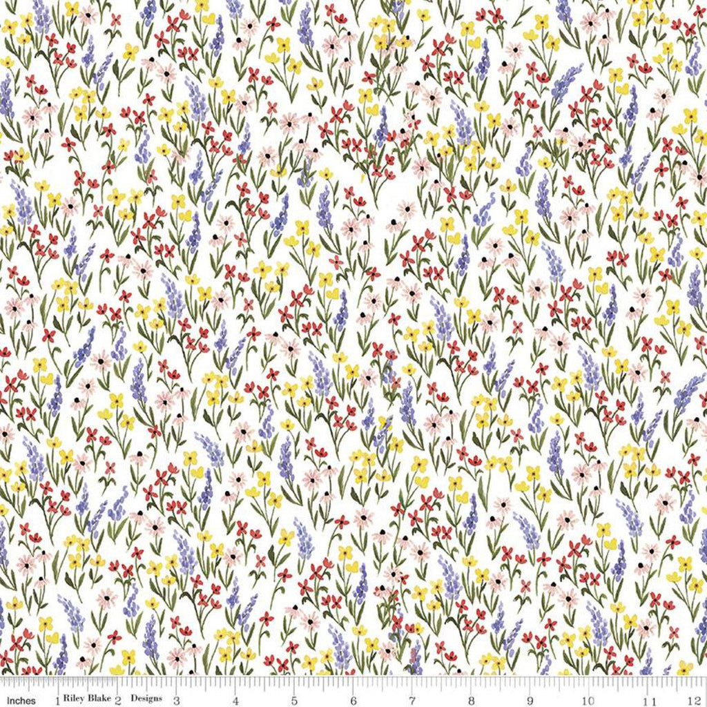 CLEARANCE Beautiful Day Floral C10692 White - Riley Blake Designs - Floral Flowers Blue Green - Quilting Cotton Fabric