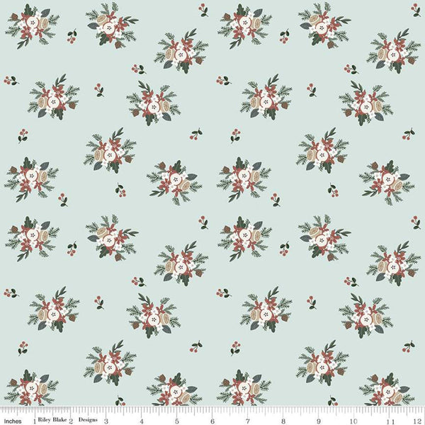 CLEARANCE Warm Wishes Bouquet C10783 Sky - Riley Blake Designs - Christmas Floral Flowers Blue - Quilting Cotton Fabric