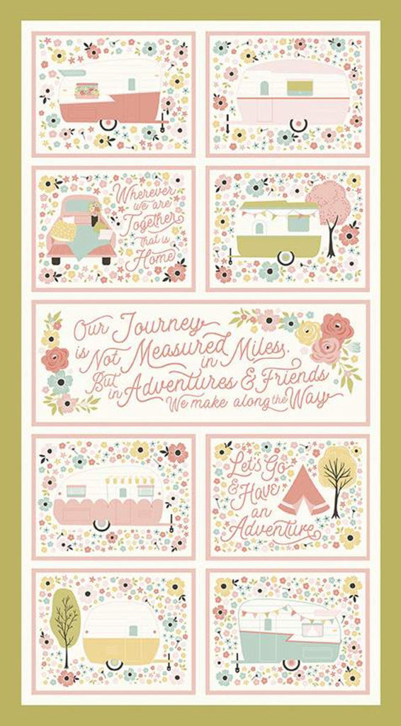 SALE Joy in the Journey Panel P10686 Olive - Riley Blake Designs - Camping Camp Trailers Sayings Green - Quilting Cotton Fabric