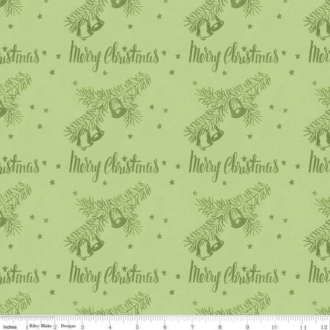 13" End of Bolt - CLEARANCE All About Christmas Stamps C10797 Green - Riley Blake - Merry Christmas Bells Stars - Quilting Cotton Fabric