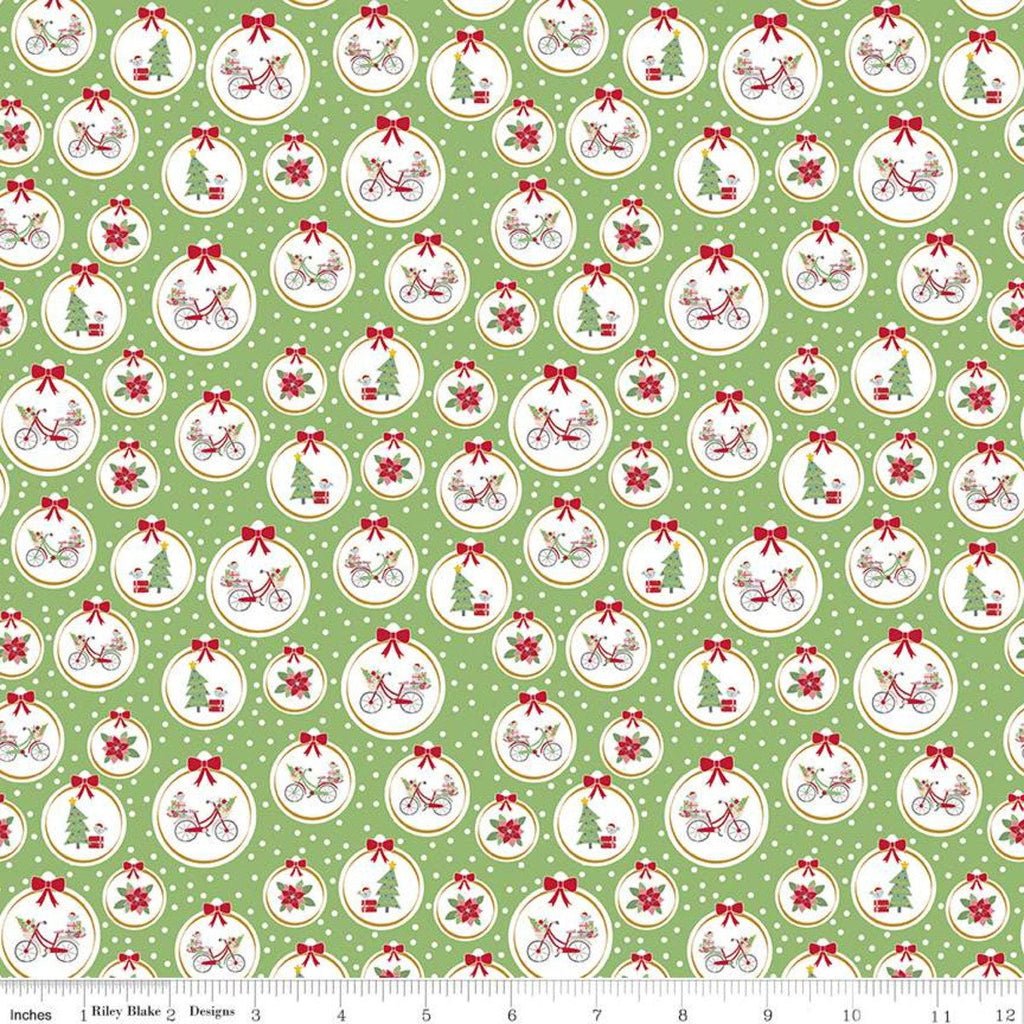 SALE Christmas Adventure Ornaments SC10732 Green Smoothie SPARKLE - Riley Blake Designs - Trees Bicycles Gold SPARKLE - Quilting Cotton