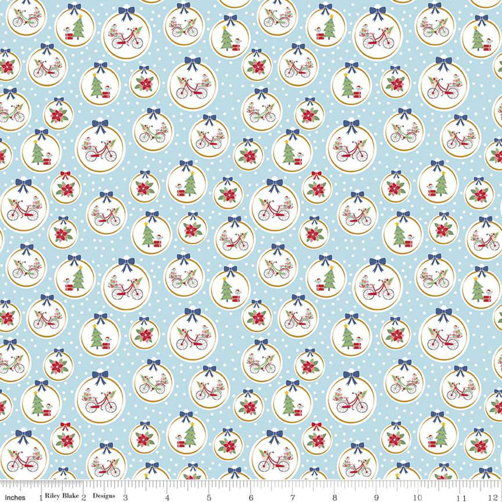 SALE Christmas Adventure Ornaments SC10732 Waterfall SPARKLE - Riley Blake - Trees Bicycles Flowers Gold SPARKLE Blue - Quilting Cotton