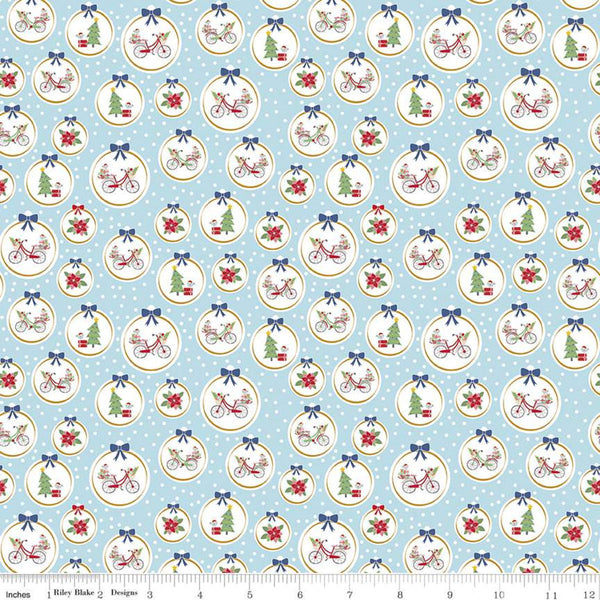 SALE Christmas Adventure Ornaments SC10732 Waterfall SPARKLE - Riley Blake - Trees Bicycles Flowers Gold SPARKLE Blue - Quilting Cotton