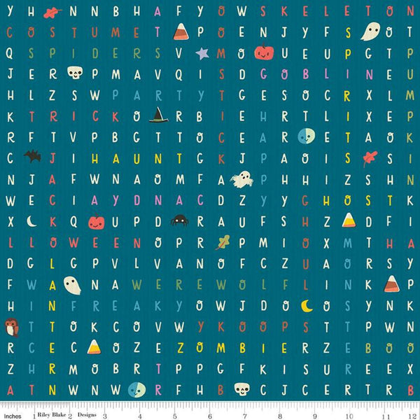 SALE Tiny Treaters Spooky Search C10484 Teal - Riley Blake Designs - Halloween Word Search Alphabet Blue Green  -  Quilting Cotton Fabric